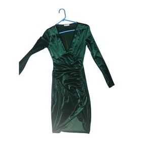 HUHOT Ruched Bodycon Velvet Wrap Dress Women’s Size S Green V-Neck Holiday Party